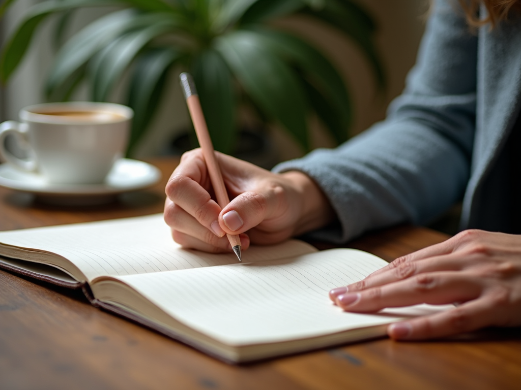 Persoană scriind într-un jurnal la un birou de lemn