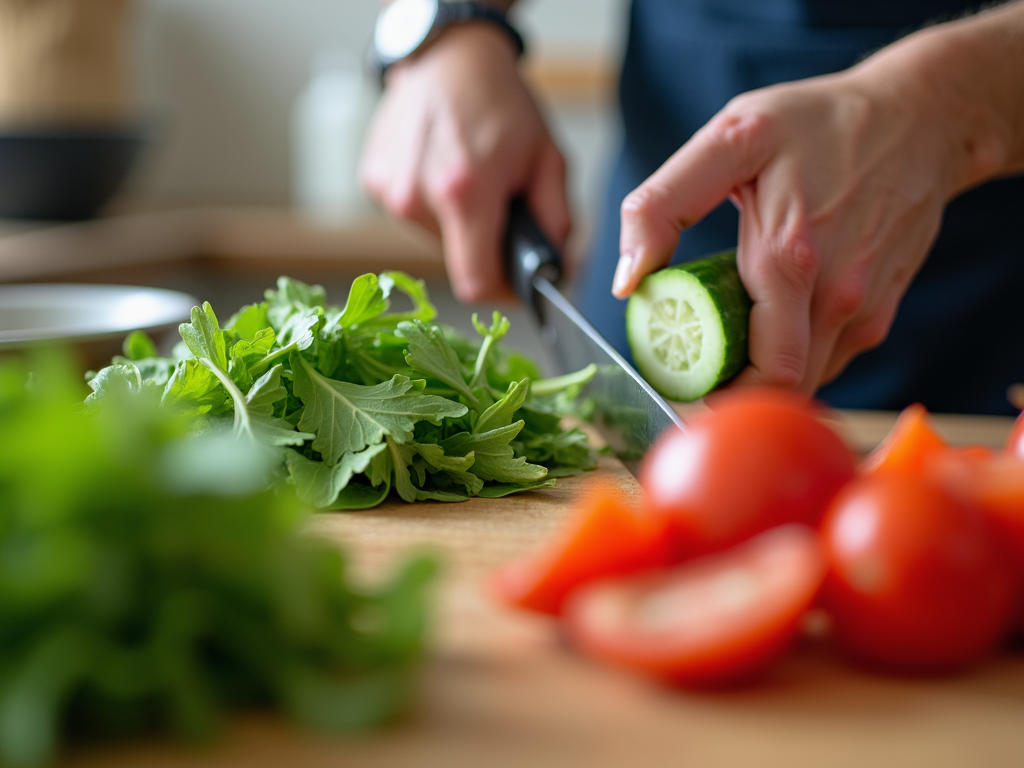 O persoană care pregătește o salată proaspătă cu roșii, castraveți și verdețuri, într-o lumină caldă.