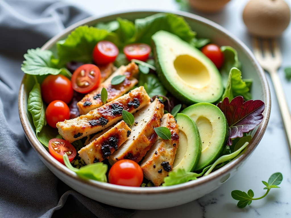 Un bol cu salată colorată, cu verdețuri mixte, roșii cherry, castravete, avocado și pui la grătar.