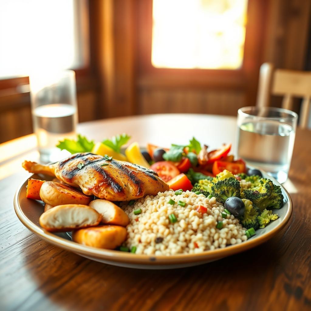 O masă echilibrată cu pui la grătar, legume coapte, quinoa și un pahar cu apă, așezată pe o masă din lemn, luminată de soare.