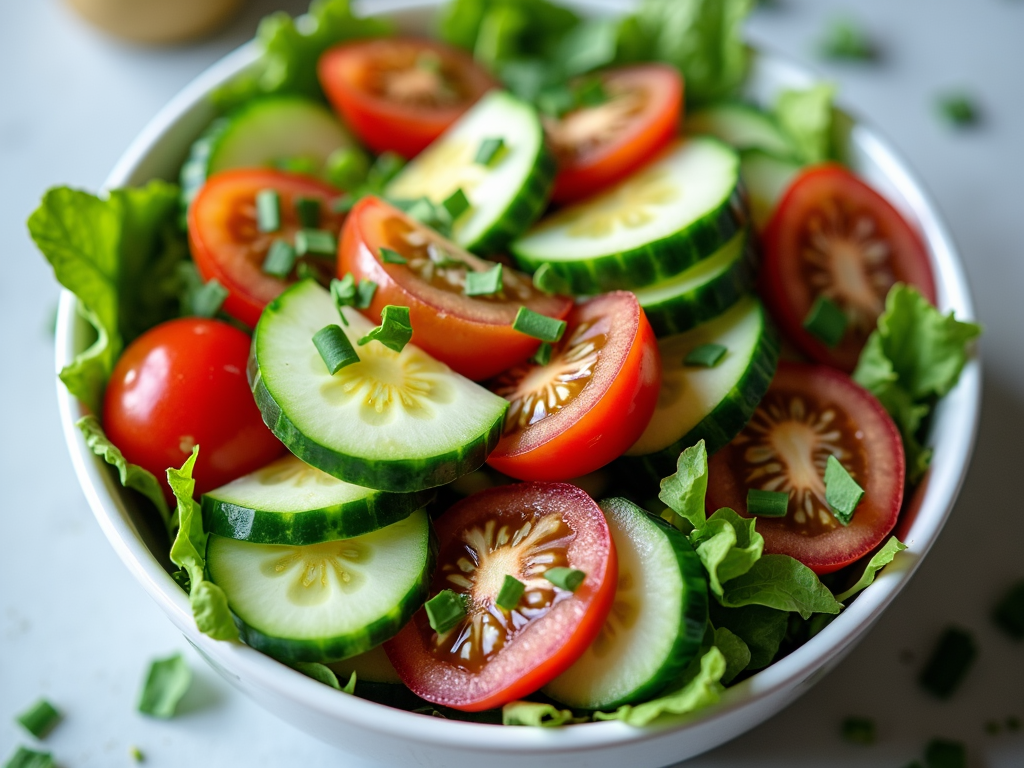 Bol cu salată verde, roșii cherry, castraveți și dressing ușor pentru slăbit