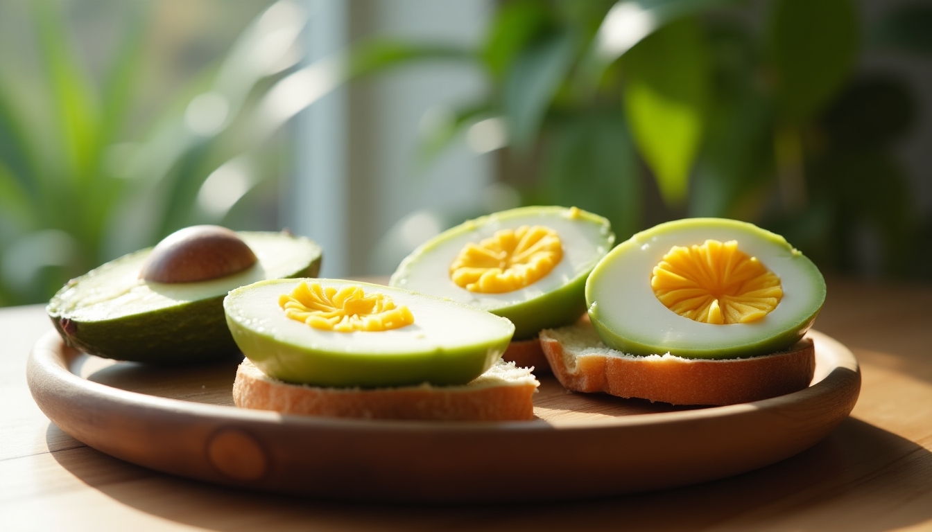 Imagine cu un platou de ouă fierte tăiate și avocado proaspăt