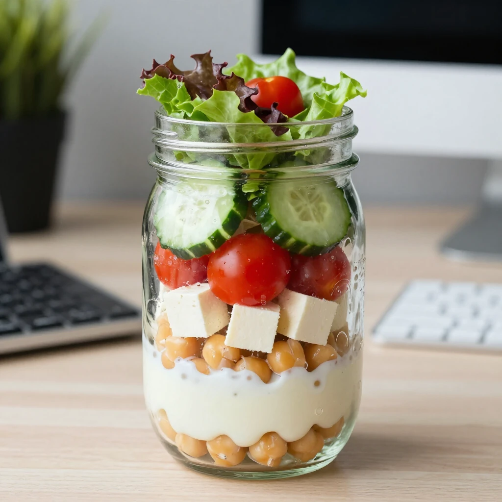 Salată stratificată în borcan cu năut, feta și legume colorate