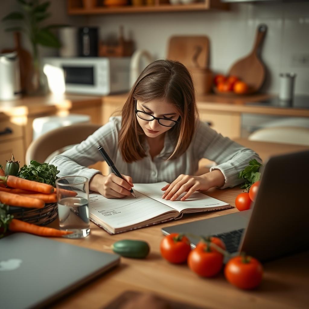 O persoană care notează într-un jurnal de planificare a meselor, la o masă de bucătărie confortabilă, înconjurată de legume proaspete precum morcovi, spanac și roșii, cu un pahar de apă și un laptop în apropiere.