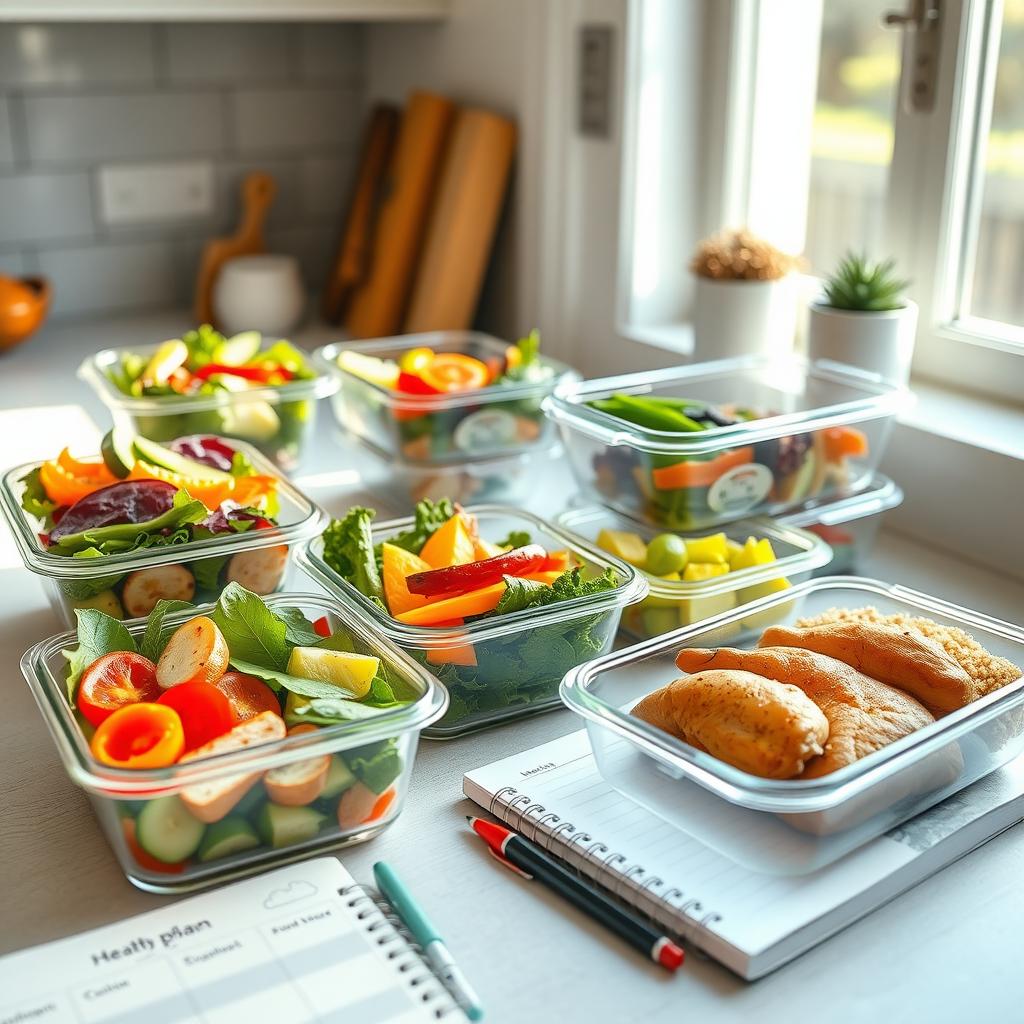 Preparare sănătoasă a meselor pe o masă de bucătărie, cu recipiente de sticlă pline cu salate colorate, legume la grătar și proteine slabe.