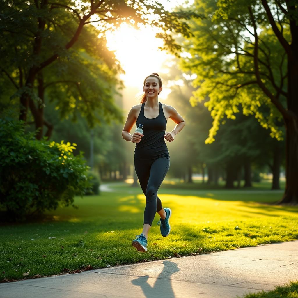 Persoană care aleargă într-un parc verde dimineața devreme, purtând haine sport confortabile și adidași, cu lumina soarelui filtrându-se prin copaci și o sticlă de apă în mână.