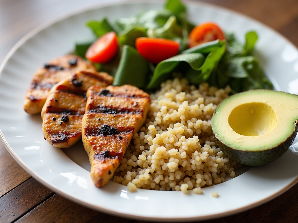 O farfurie cu o masă echilibrată, incluzând pui la grătar, quinoa, legume aburite și avocado.