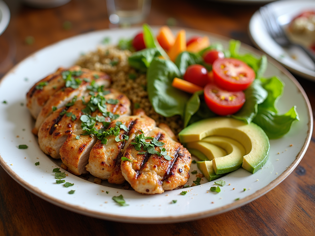 Farfurie cu mâncare sănătoasă: pui grill, quinoa, avocado și legume