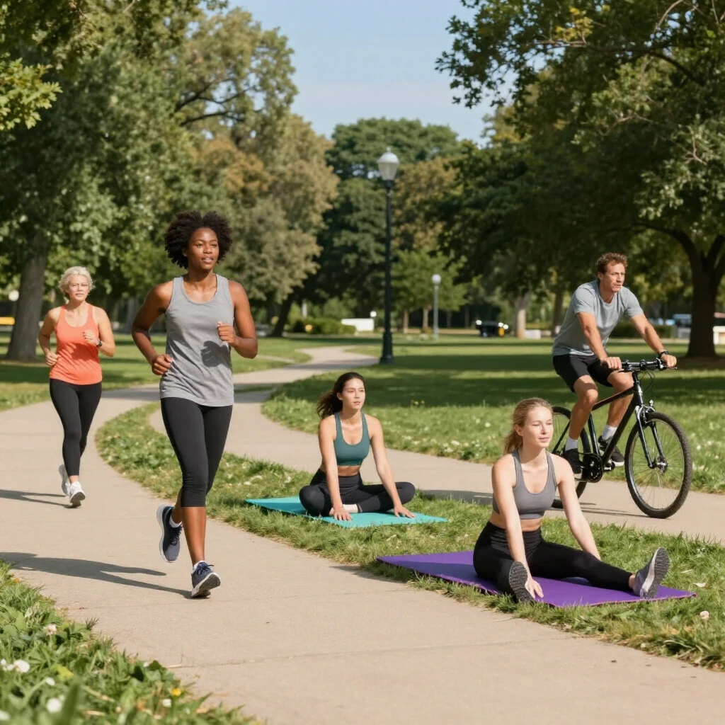 Grup de oameni care fac exerciții fizice în parc, alergând, practicând yoga și pedalând