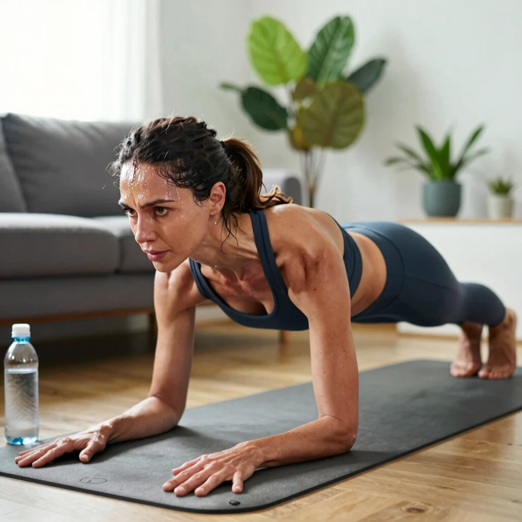 Femeie efectuând exercițiul plank acasă pentru arderea grăsimilor abdominale