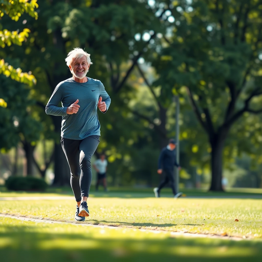 Persoană de vârstă mijlocie alergând vesel în parc, cu postură corectă și îmbrăcăminte sportivă