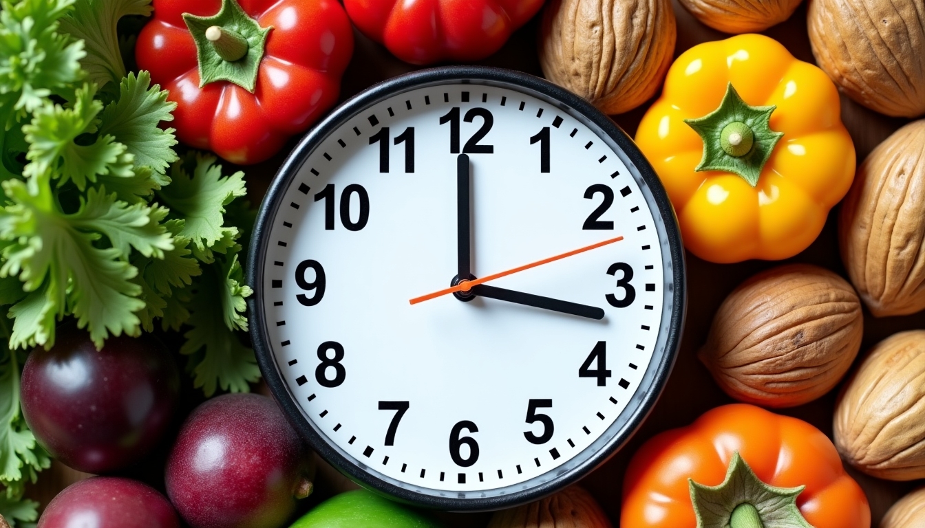 Un ceas cu un fundal de alimente sănătoase simbolizând postul intermitent.
