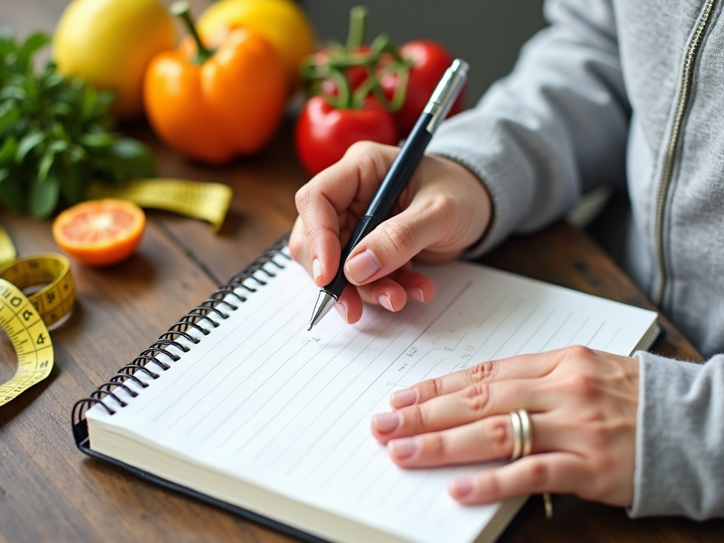 Persoană scriind într-un jurnal cu un pix, înconjurată de alimente sănătoase și o bandă de măsurare