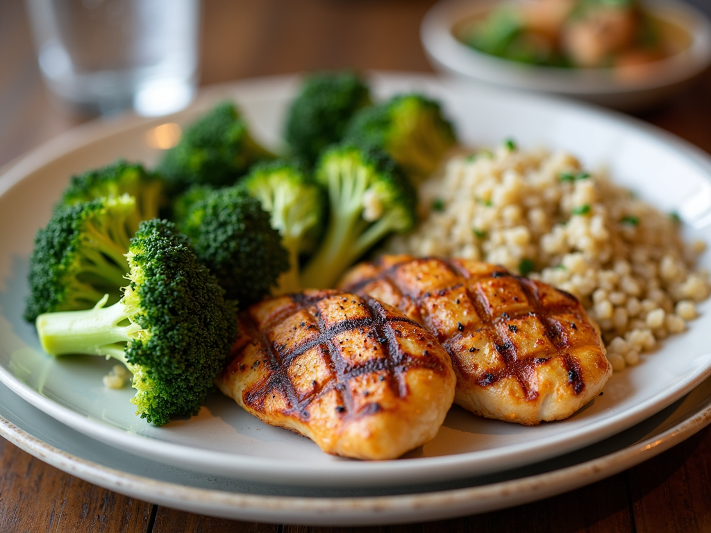 O farfurie cu mâncare sănătoasă pentru sportivi: pui la grătar, quinoa și broccoli.