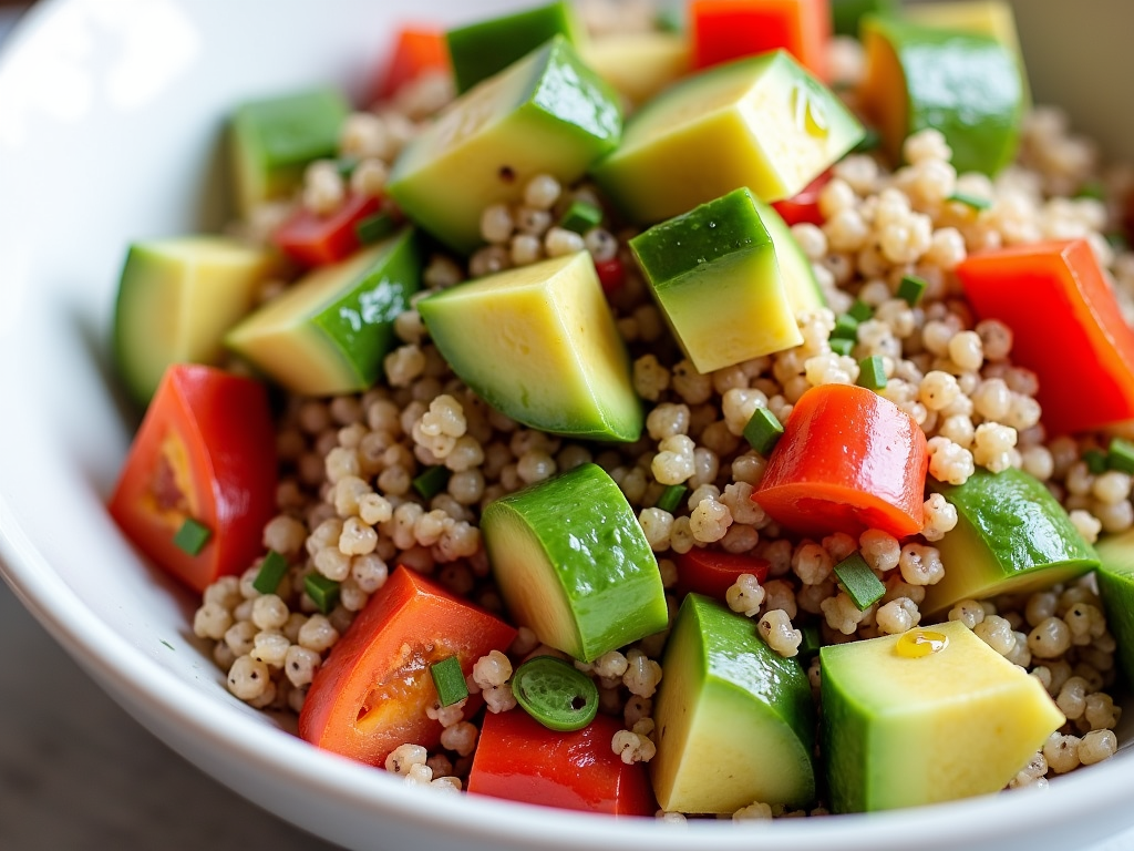 O salată colorată de quinoa cu ardei roșu, castravete și avocado, stropită cu suc de lămâie și ulei de măsline, servită într-un bol alb.