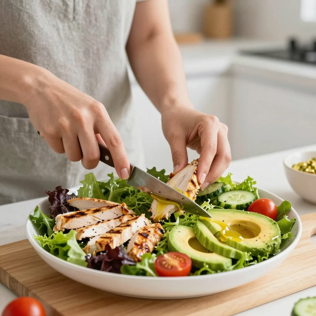 Persoană pregătind o salată sănătoasă cu pui grill, avocado și legume proaspete
