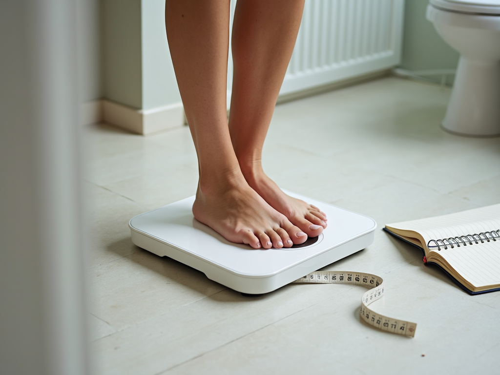 Persoană care se cântărește în baie, cu o bandă de măsurat și un jurnal de fitness în apropiere.