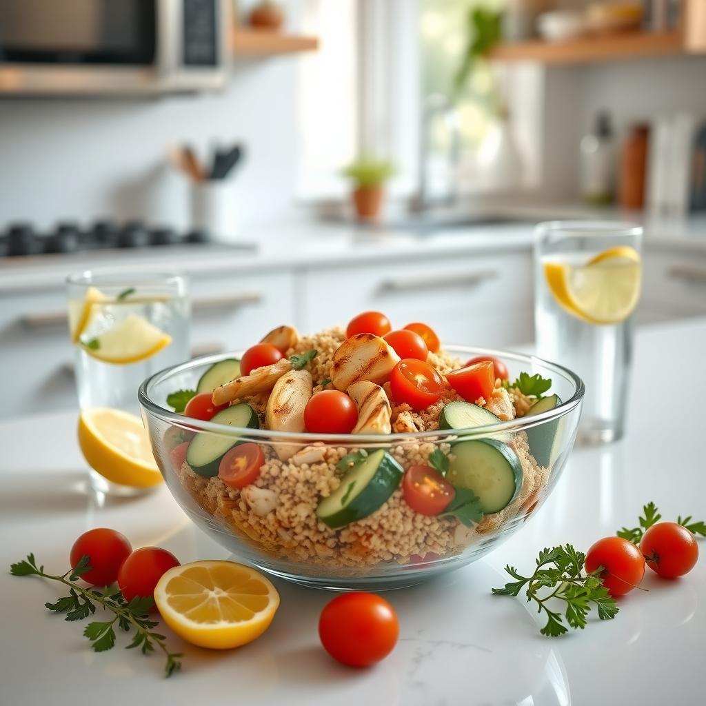 Salată de quinoa cu pui la grătar și legume proaspete, servită pe un blat de bucătărie.