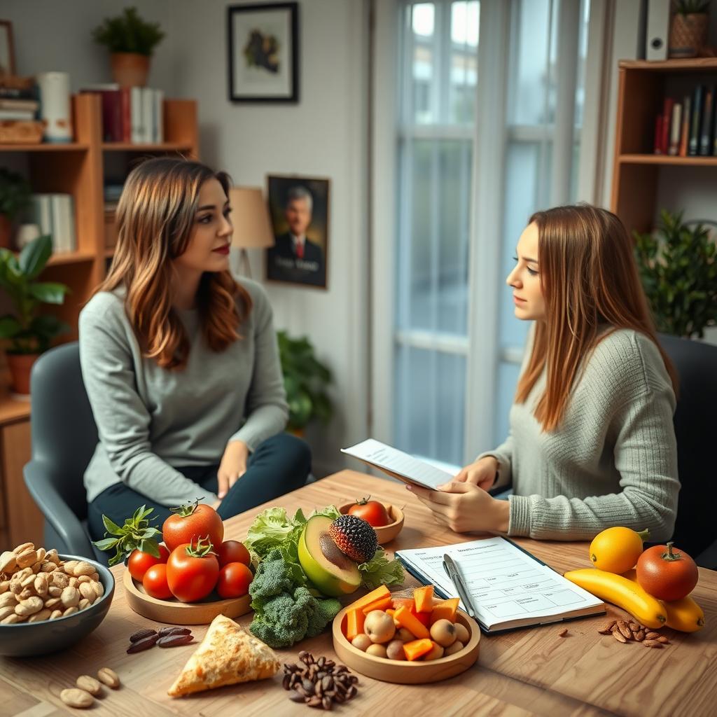 Nutriționist care discută cu un client într-un birou confortabil, cu o masă plină de alimente sănătoase, cum ar fi fructe, legume și nuci, și un caiet cu un plan alimentar.
