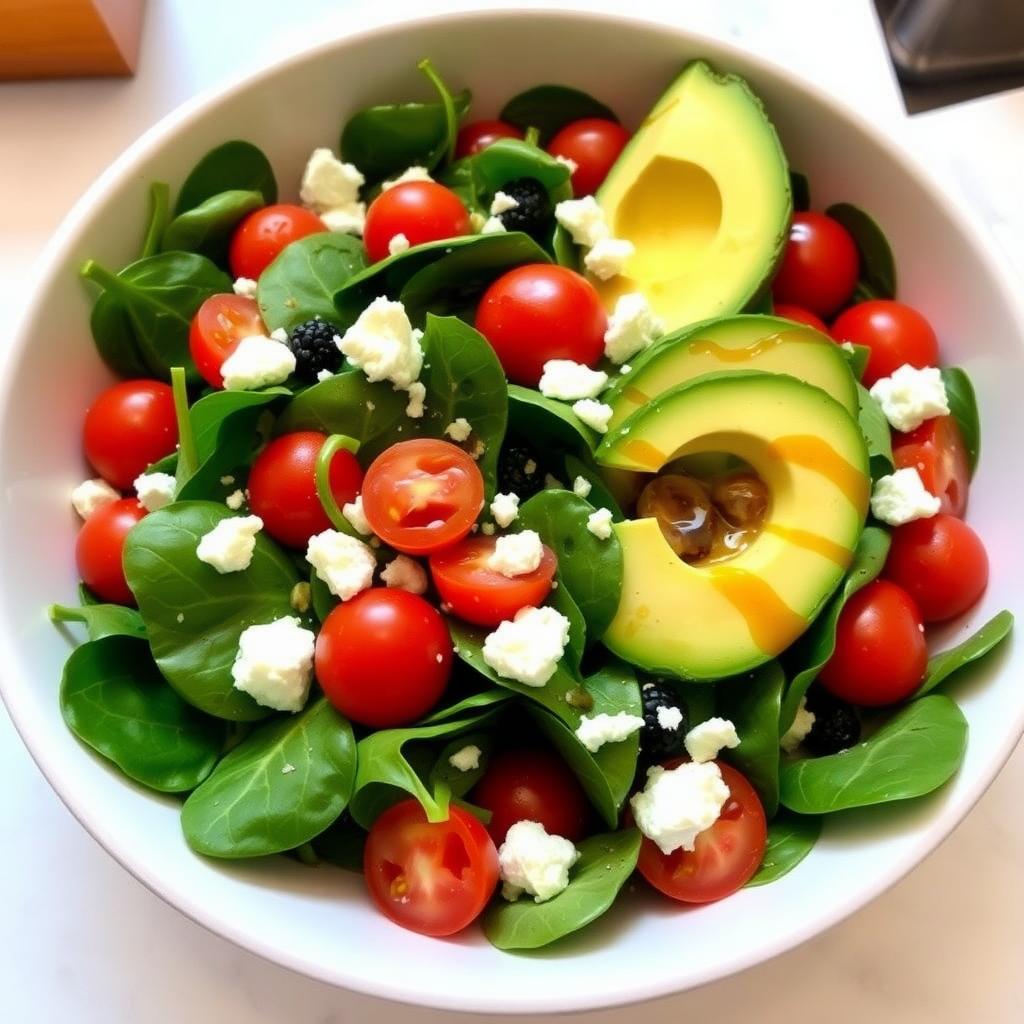 Salată de spanac proaspăt cu roșii cherry, avocado feliat și brânză feta, stropită cu ulei de măsline și oțet balsamic, într-un bol ceramic alb.