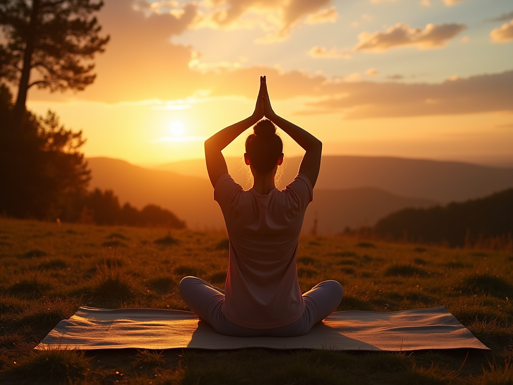 O sesiune liniștită de yoga la răsărit, cu o persoană meditând pe o saltea, înconjurată de natură, simbolizând un stil de viață sănătos.