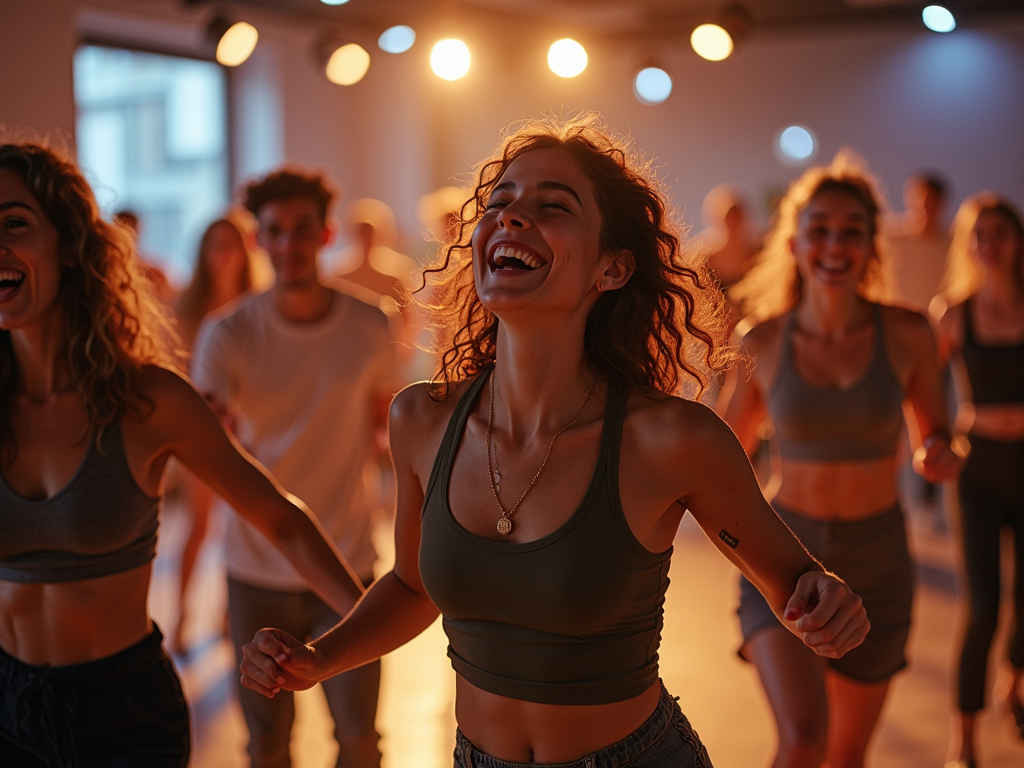 Un grup de oameni care dansează energic într-un studio de dans, zâmbind și distrându-se.