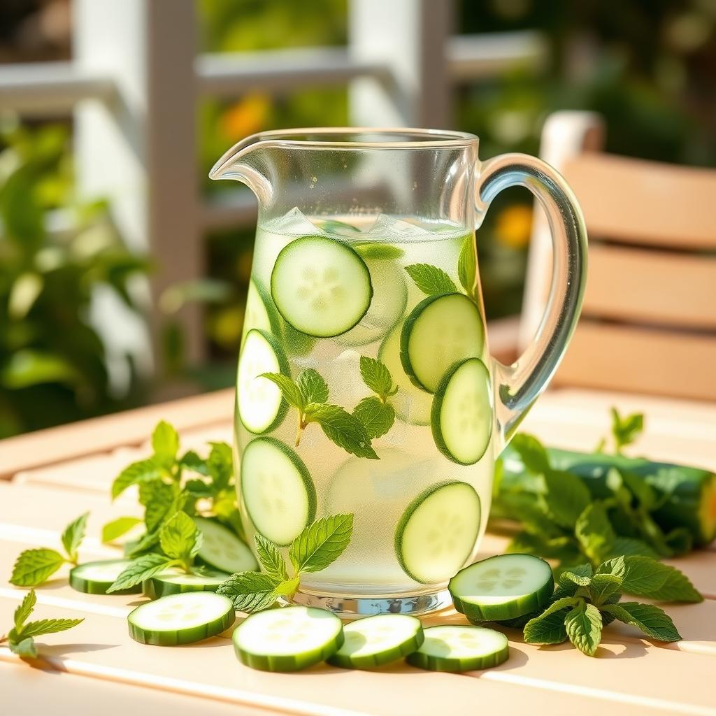 Cana de sticlă cu apă infuzată cu castravete și mentă, înconjurată de felii proaspete de castravete și frunze de mentă pe o masă în aer liber, luminată de soare.
