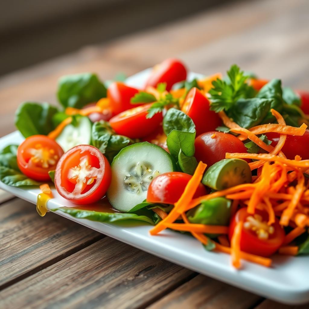 Salată colorată de legume proaspete cu spanac, roșii cherry, castraveți, ardei roșu și morcovi, stropită cu ulei de măsline.