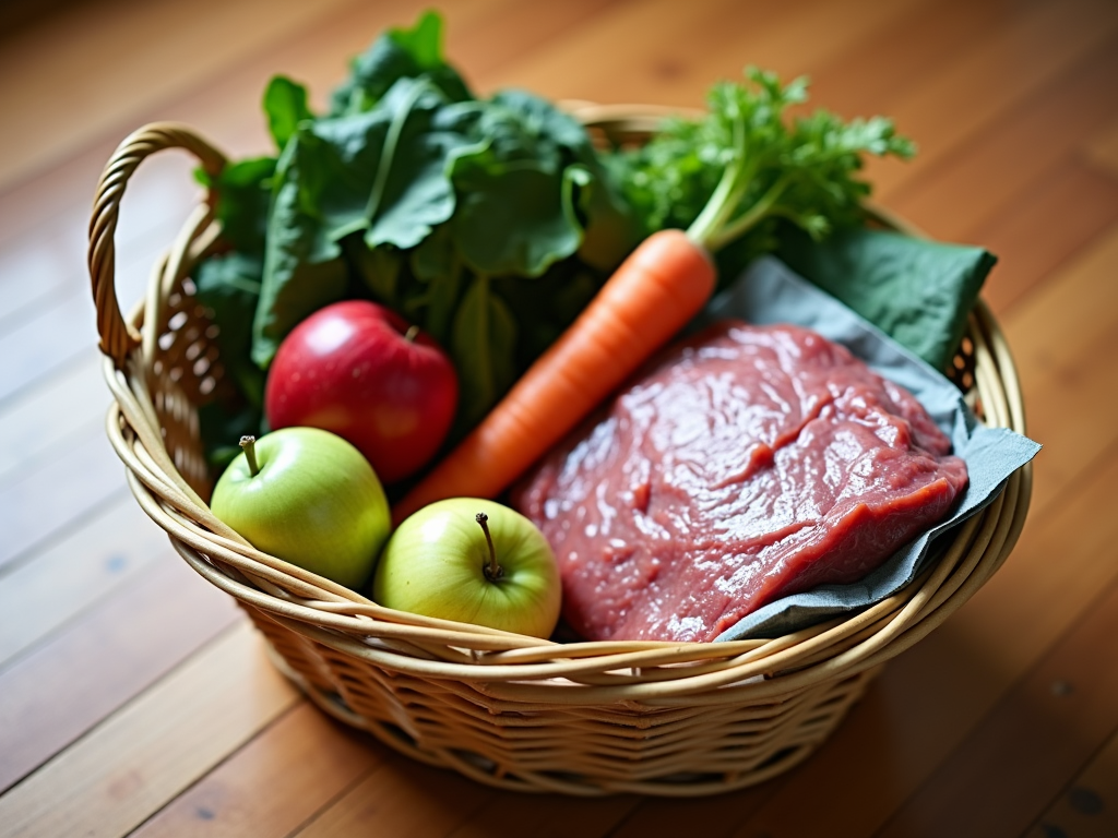 Coș de cumpărături plin cu produse proaspete precum mere, spanac, morcovi și un pachet de carne slabă, așezat pe o podea din lemn.