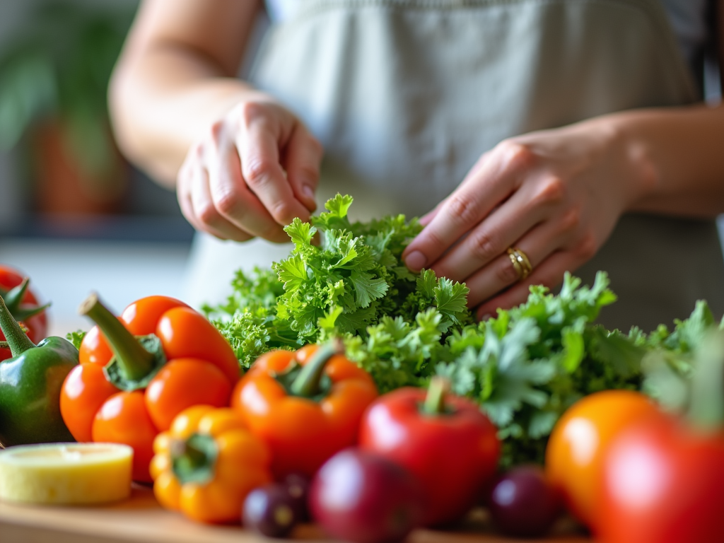 Persoană care pregătește o masă sănătoasă cu legume și fructe proaspete