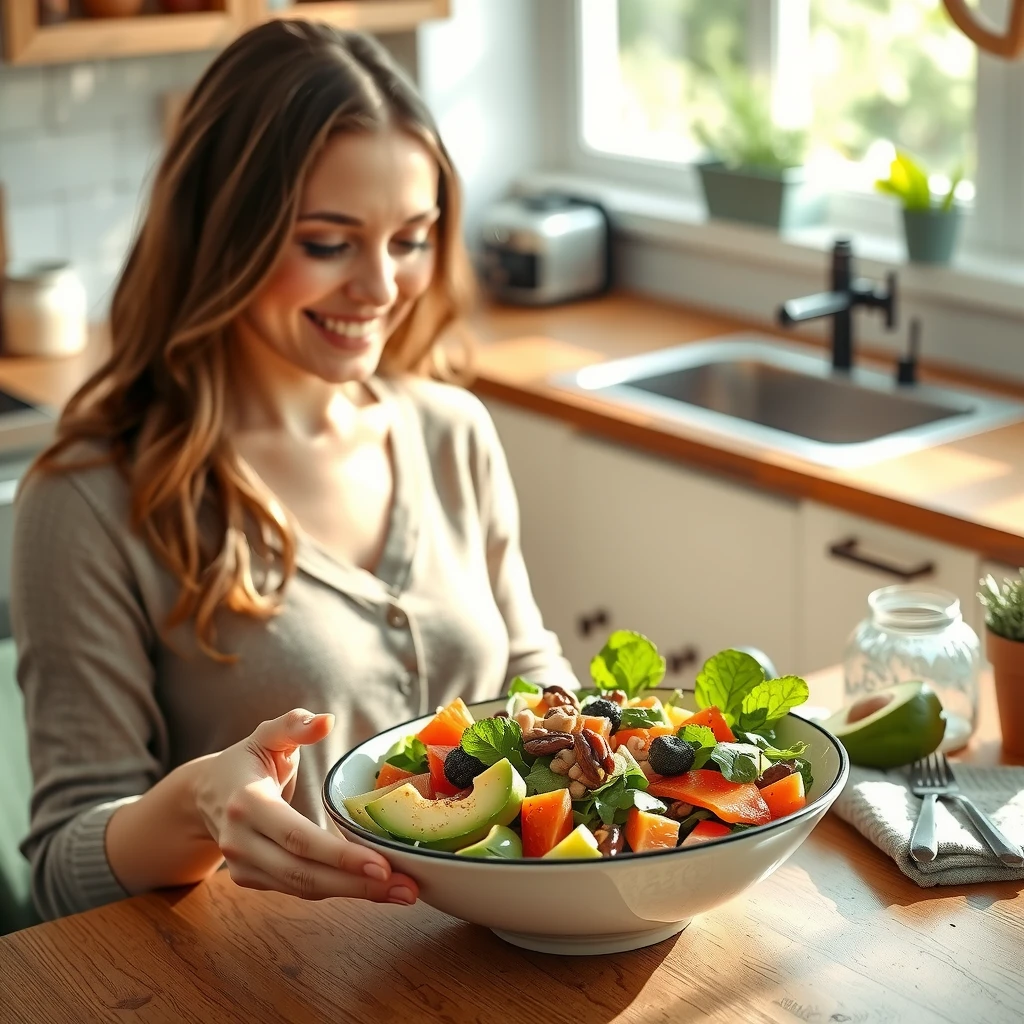 O femeie tânără fericită mâncând o salată colorată cu somon, avocado, nuci și verdețuri la o masă luminoasă în bucătărie