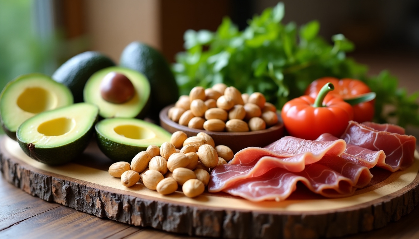 O varietate de alimente keto, inclusiv avocado, nuci și carne.