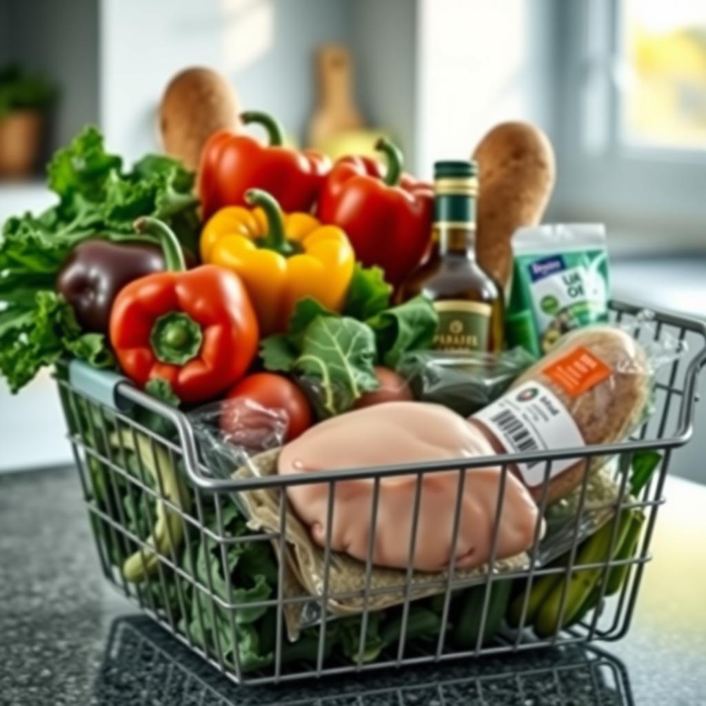 Un coș de cumpărături plin cu ingrediente sănătoase: ardei colorați, frunze verzi, pâine integrală, ulei de măsline și piept de pui slab, pe o masă de bucătărie.