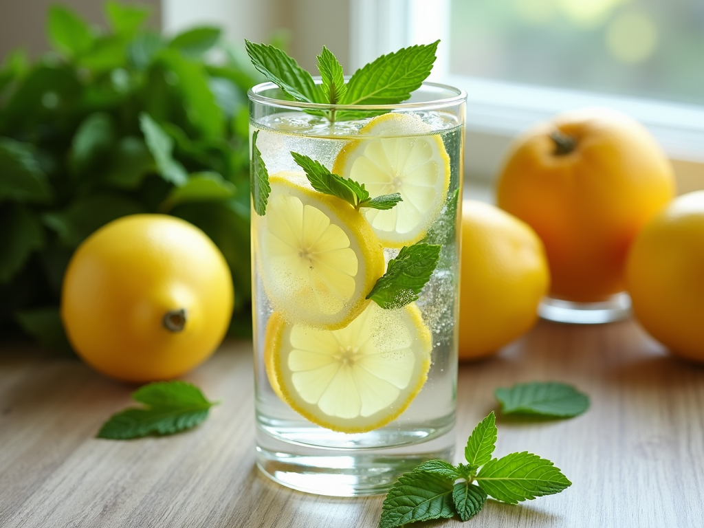 Pahar cu apă, lămâie și mentă, înconjurat de fructe și legume proaspete