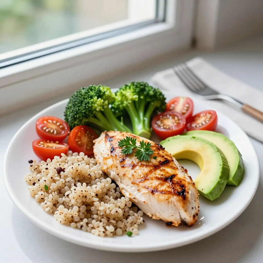 Farfurie apetisantă cu mâncare sănătoasă echilibrată: piept de pui la grătar, quinoa, broccoli și legume proaspete