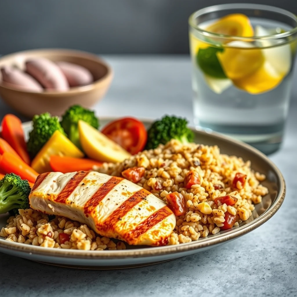 Farfurie cu masă sănătoasă echilibrată: piept de pui la grill, quinoa, legume colorate și un pahar cu apă alături
