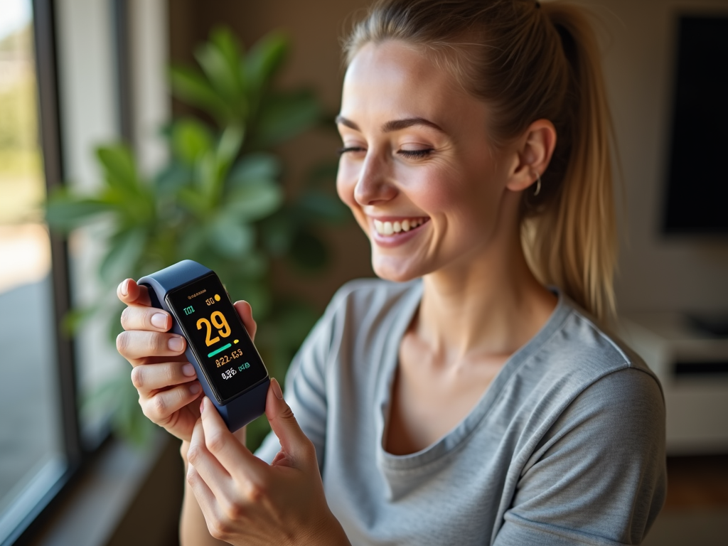 Persoană care se uită la trackerul de fitness, zâmbind la progresul făcut