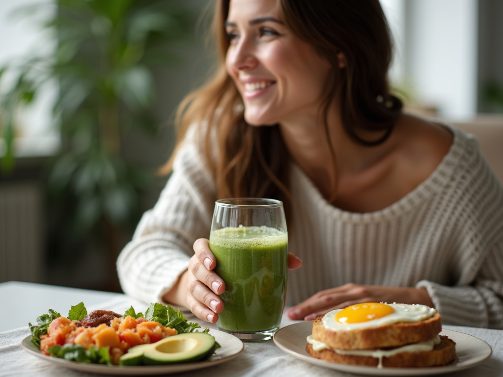 Persoană savurând un smoothie verde, zâmbind, la o masă cu un mic dejun sănătos.