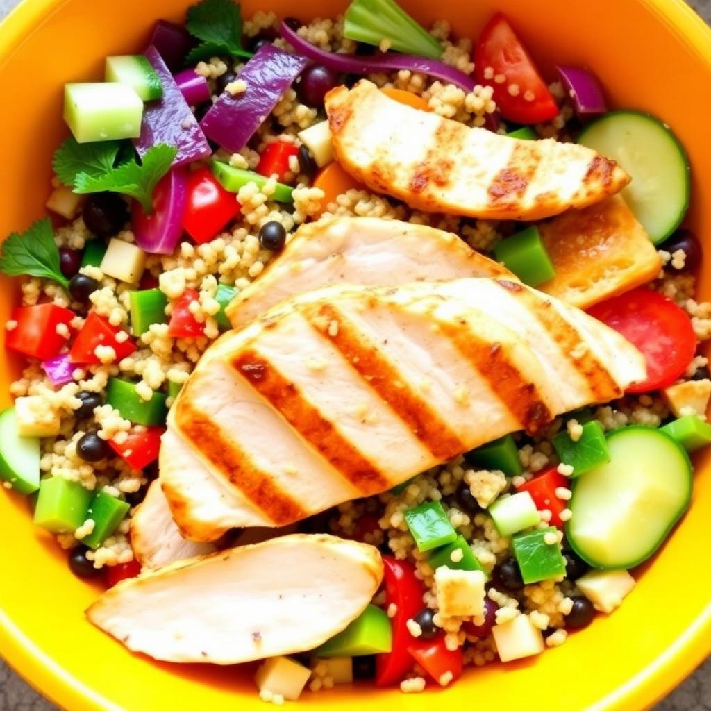 O salată de quinoa colorată cu legume proaspete și pui la grătar, servită într-un bol de salată.