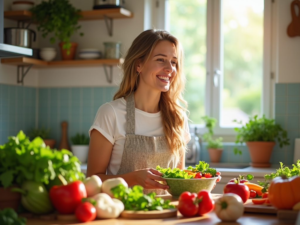 Bucătărie luminoasă cu o persoană care pregătește o salată colorată, înconjurată de legume și fructe proaspete.