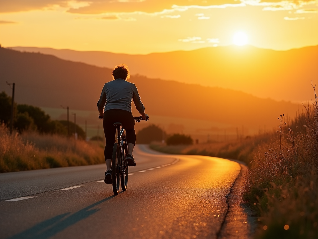 Persoană care merge cu bicicleta pe un drum rural la apus