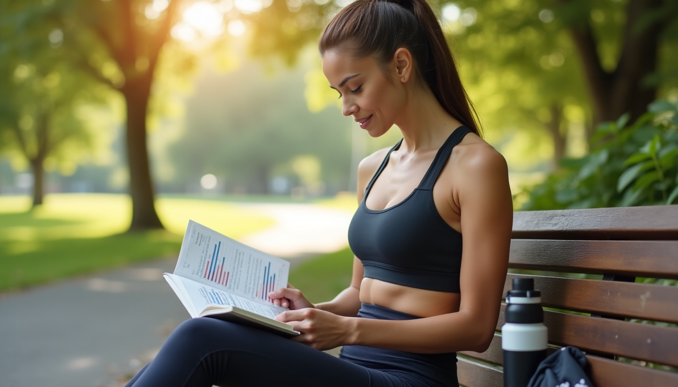 O persoană care își verifică progresul într-un jurnal de fitness.