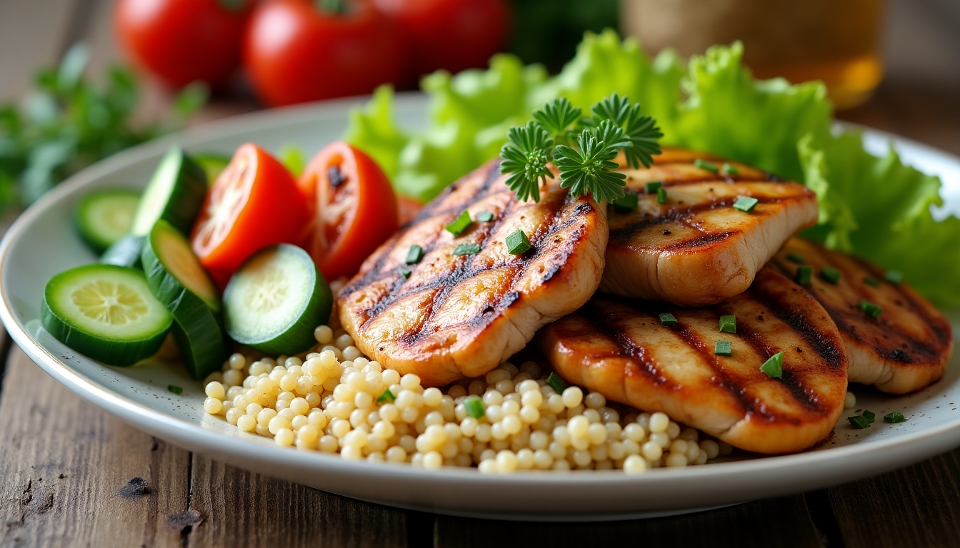 Close-up of a healthy meal with fresh vegetables, chicken, and quinoa.