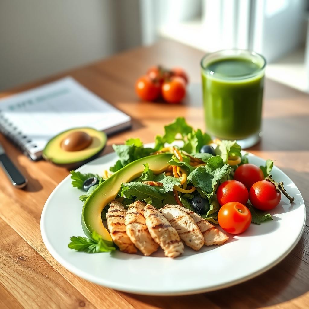Farfurie cu mic dejun sănătos, incluzând salată colorată cu avocado, pui la grătar, roșii cherry și un pahar cu smoothie verde, pe o masă de lemn.