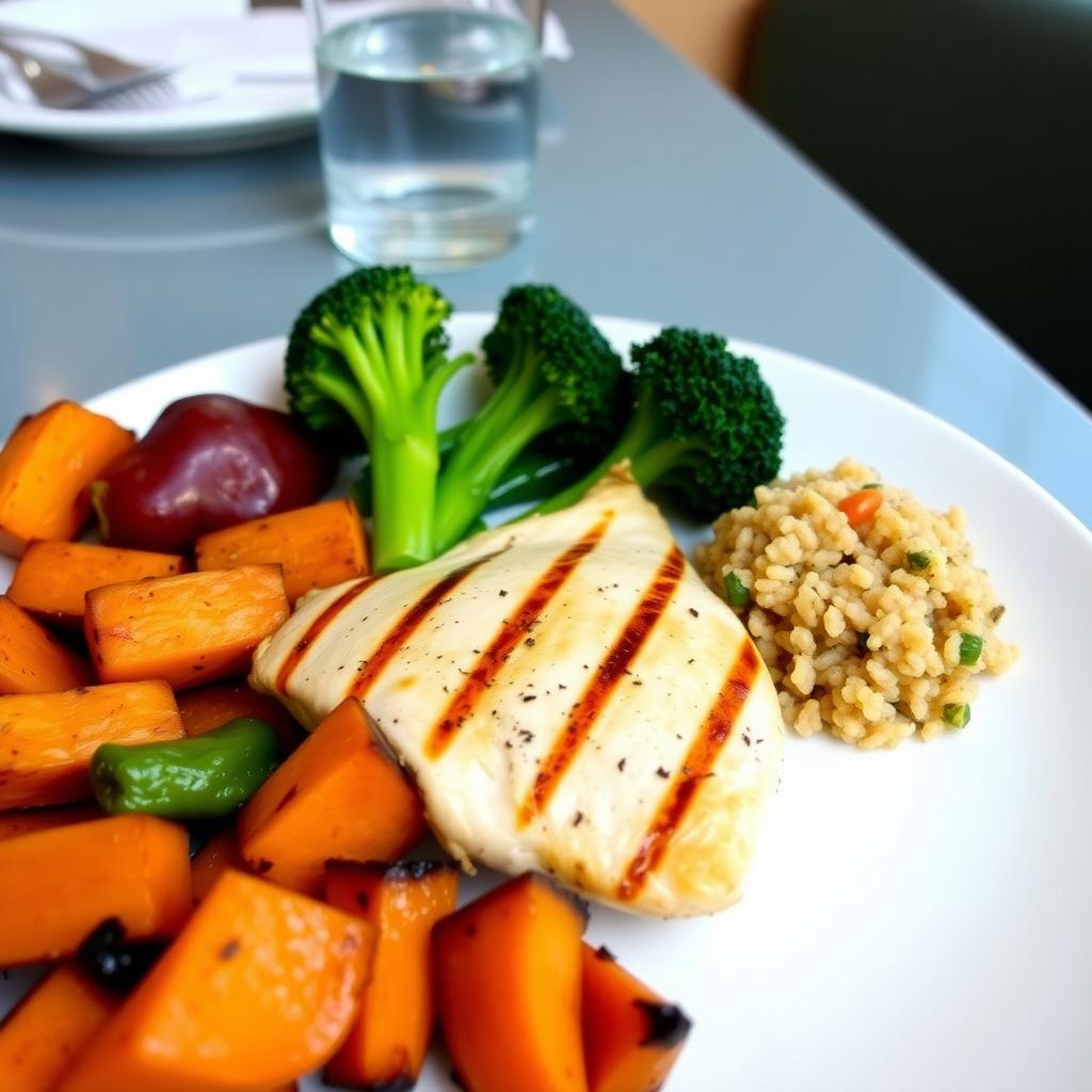 Farfurie colorată cu piept de pui la grătar, broccoli fiert, cartofi dulci copți și o porție mică de quinoa, pe o masă modernă.
