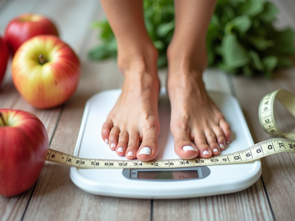 Persoană determinată cântărindu-se, cu alimente sănătoase în fundal