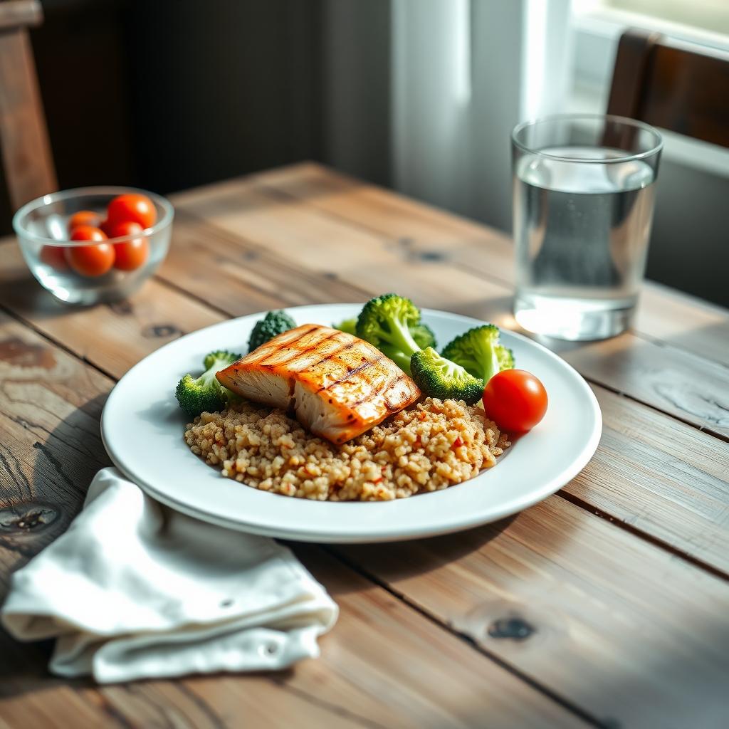 Imagine cu o farfurie sănătoasă de cină, cu somon la grătar, quinoa, broccoli fiert și roșii cherry, pe o masă rustică din lemn.