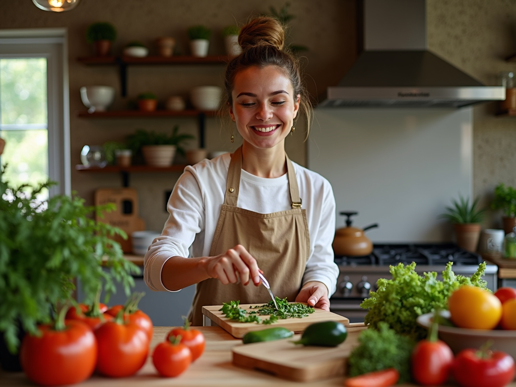 O persoană care gătește fericită într-o bucătărie confortabilă, înconjurată de ingrediente proaspete.