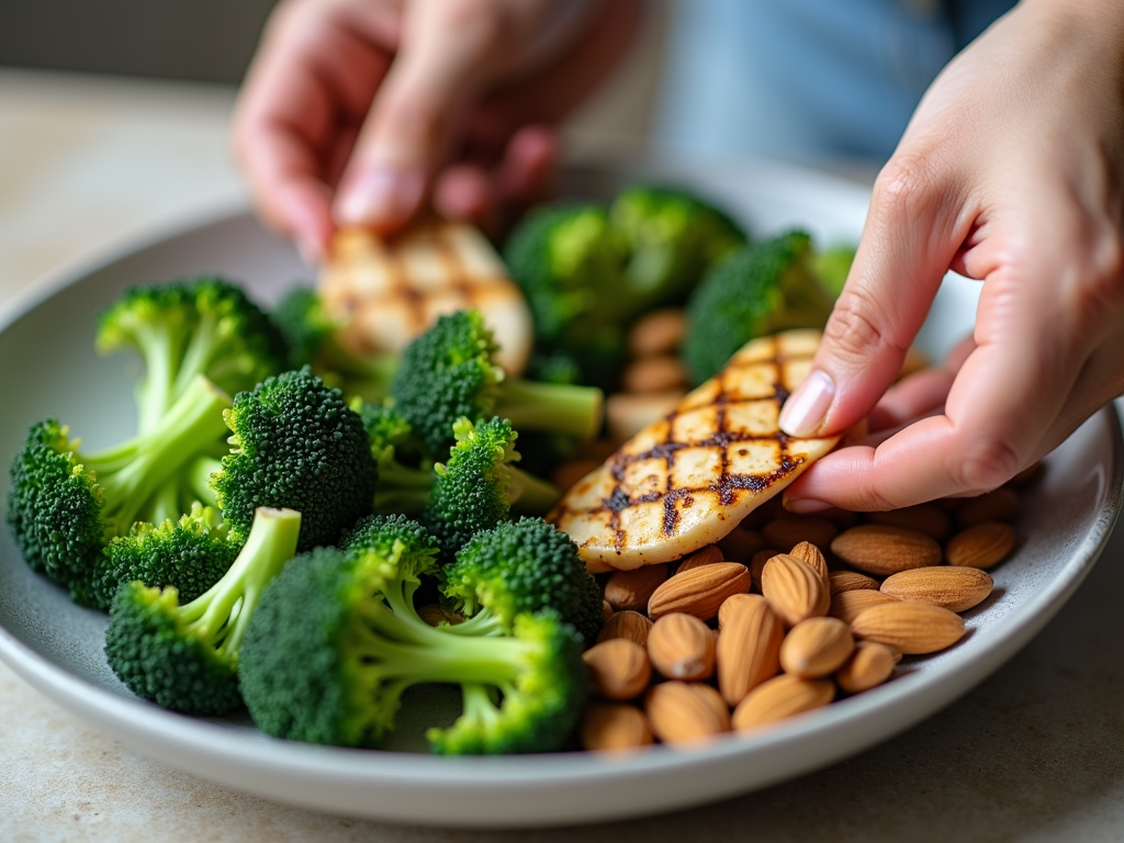 Un prim-plan al unei persoane care pregătește o masă cu broccoli verde vibrant, pui la grătar și o mână de migdale, prezentând ingrediente reale pentru un regim de slăbit sănătos.