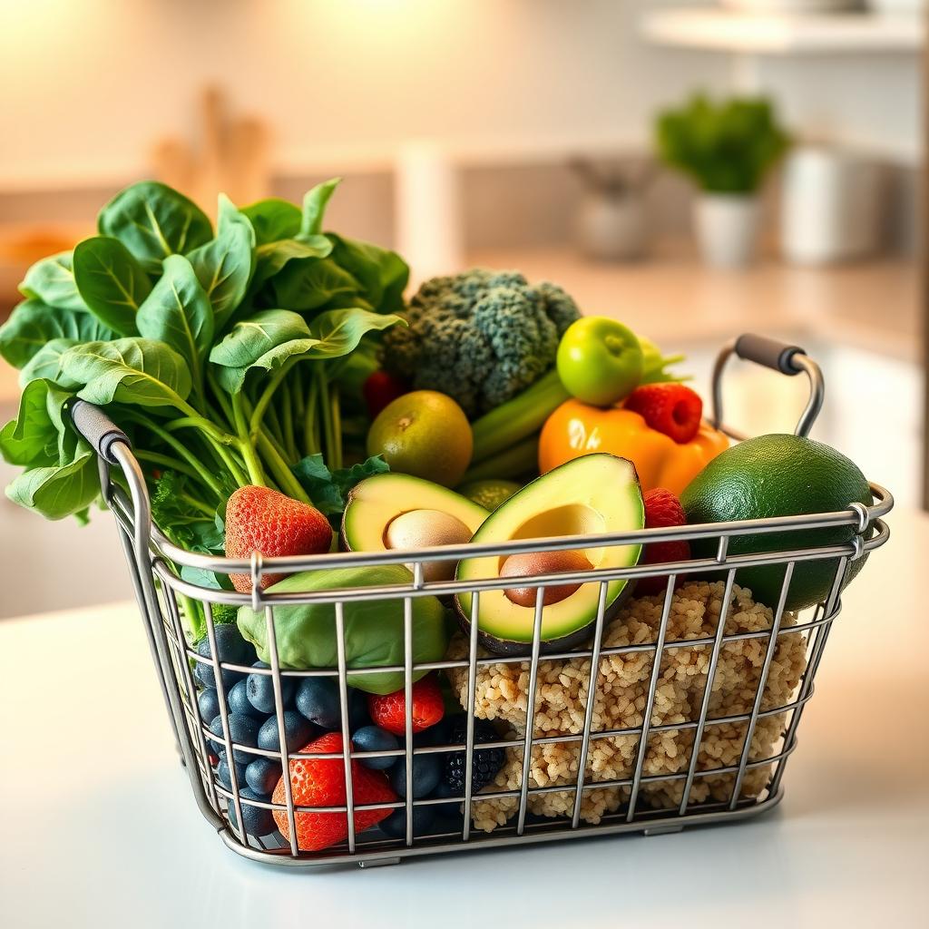 Coș de cumpărături cu alimente sănătoase pentru slăbit, incluzând spanac, broccoli, file de somon, avocado, quinoa și fructe de pădure, pe un blat de bucătărie.